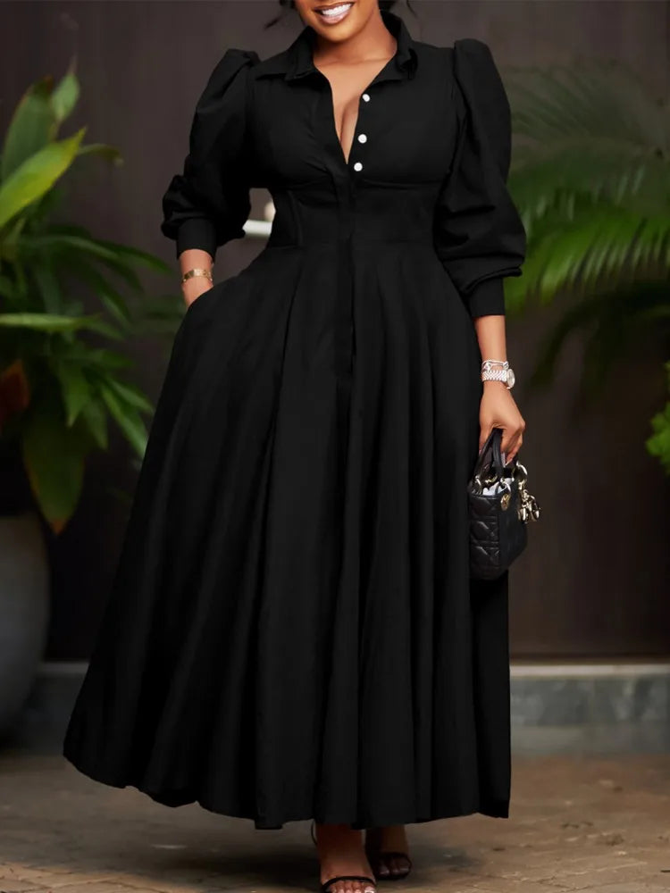 Plus Size V-Neck Long Sleeve Ankle-Length Dress for Women