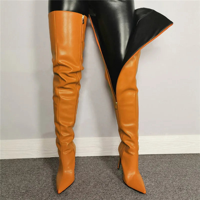 Fashion Leather Side Zipper Pointed Toe Stiletto Over The Knee Boots for Women