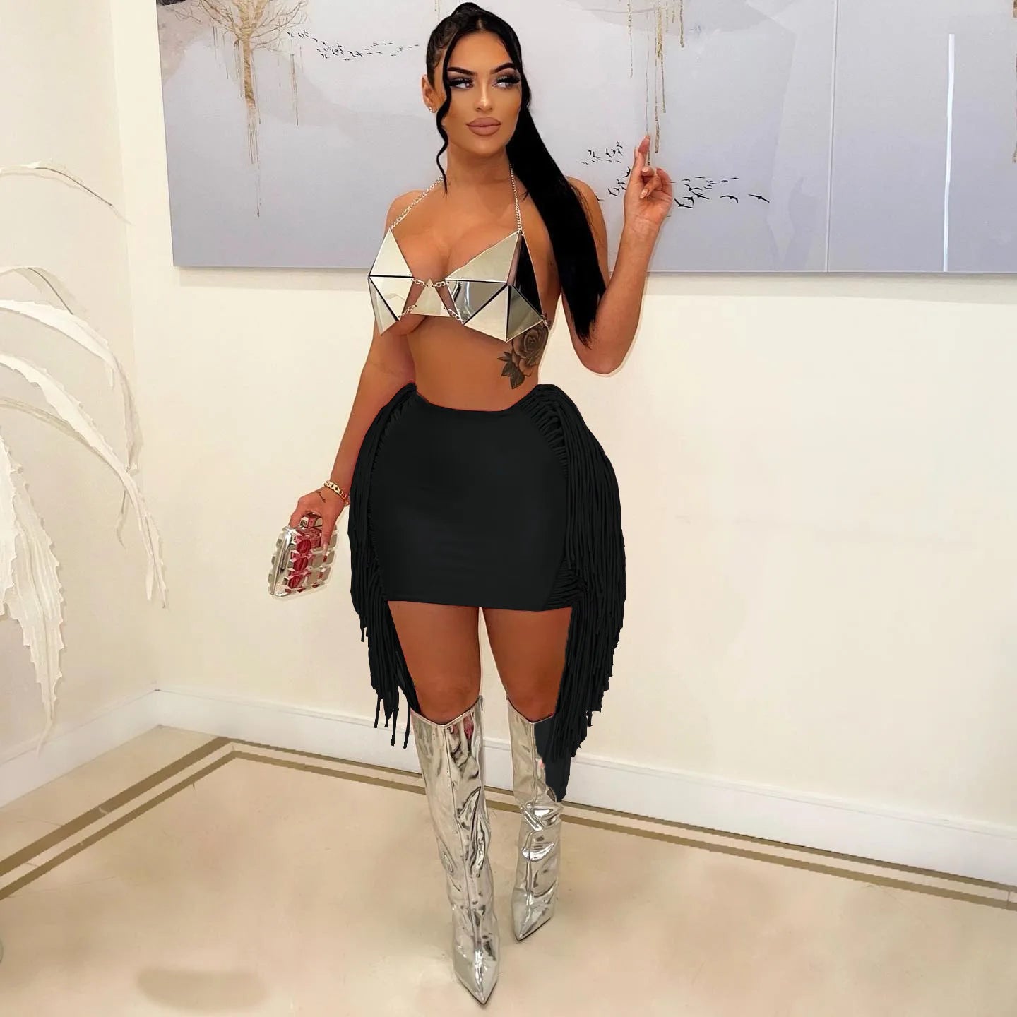 FAGADOER Sexy Tassel Bodycon Mini Skirts Party Club Outfits Women Fashion Chic Streetwear Short Birthday Holidays Skirt Solid