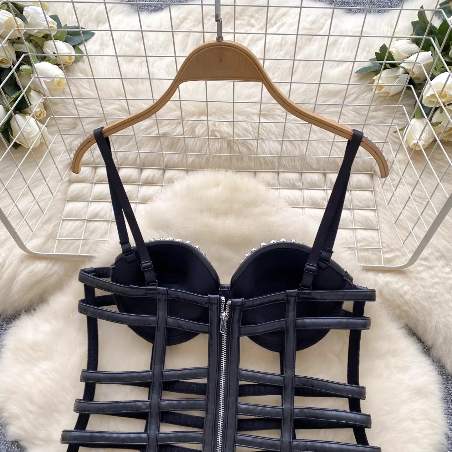 Hollow Cut Out Rhinestone Strapless Suspender PU Leather Dress for Women