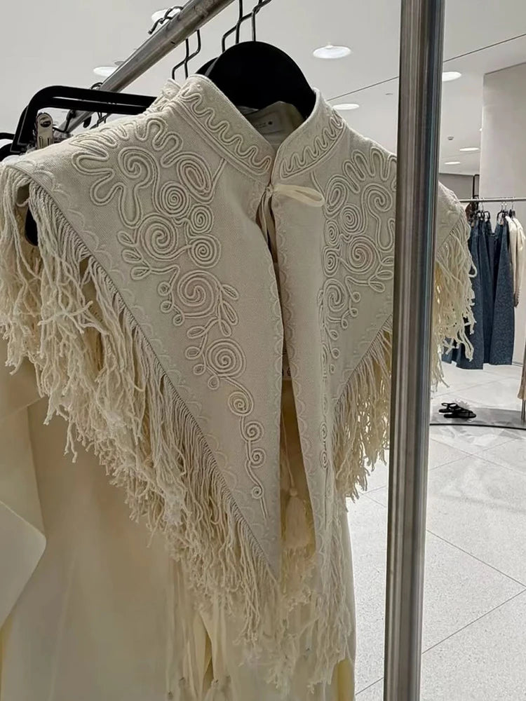 Soft Textured Embroidered Tassel Fringe Shawl For Women