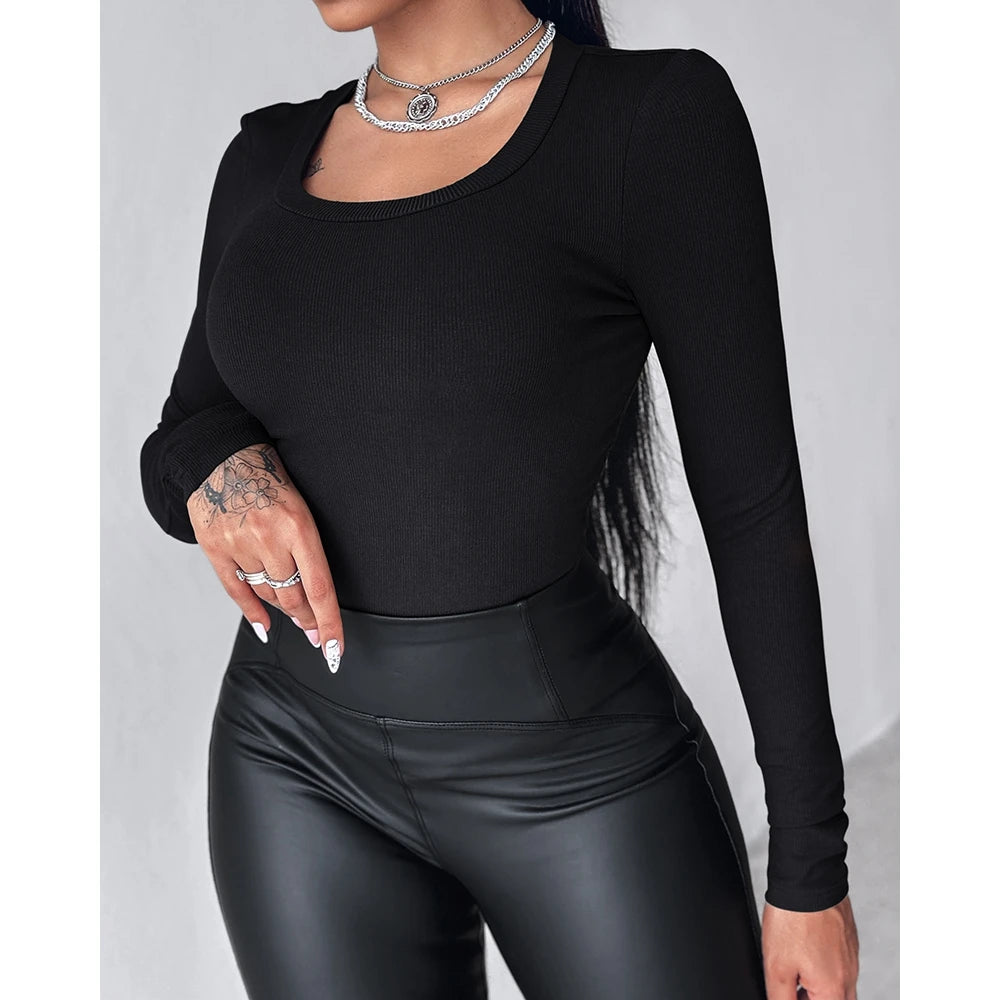 Autumn Spring Women U-Neck Built-in Bra Long Sleeve Ribbed Top Femme Skinny Casual Basic Easy Matching T-Shirts