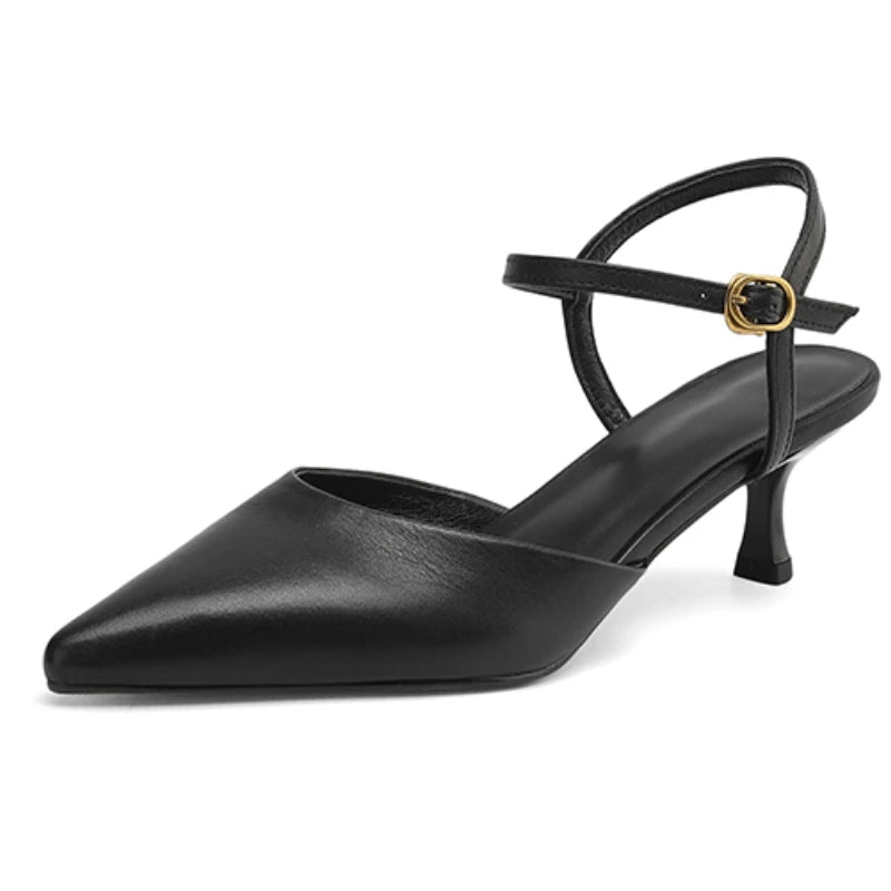 Black Pointed Leather Ankle Strap Heels