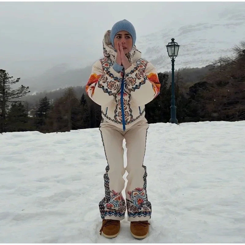 Printed Hooded Ski Jacket And Wide Leg Pants Set for Women