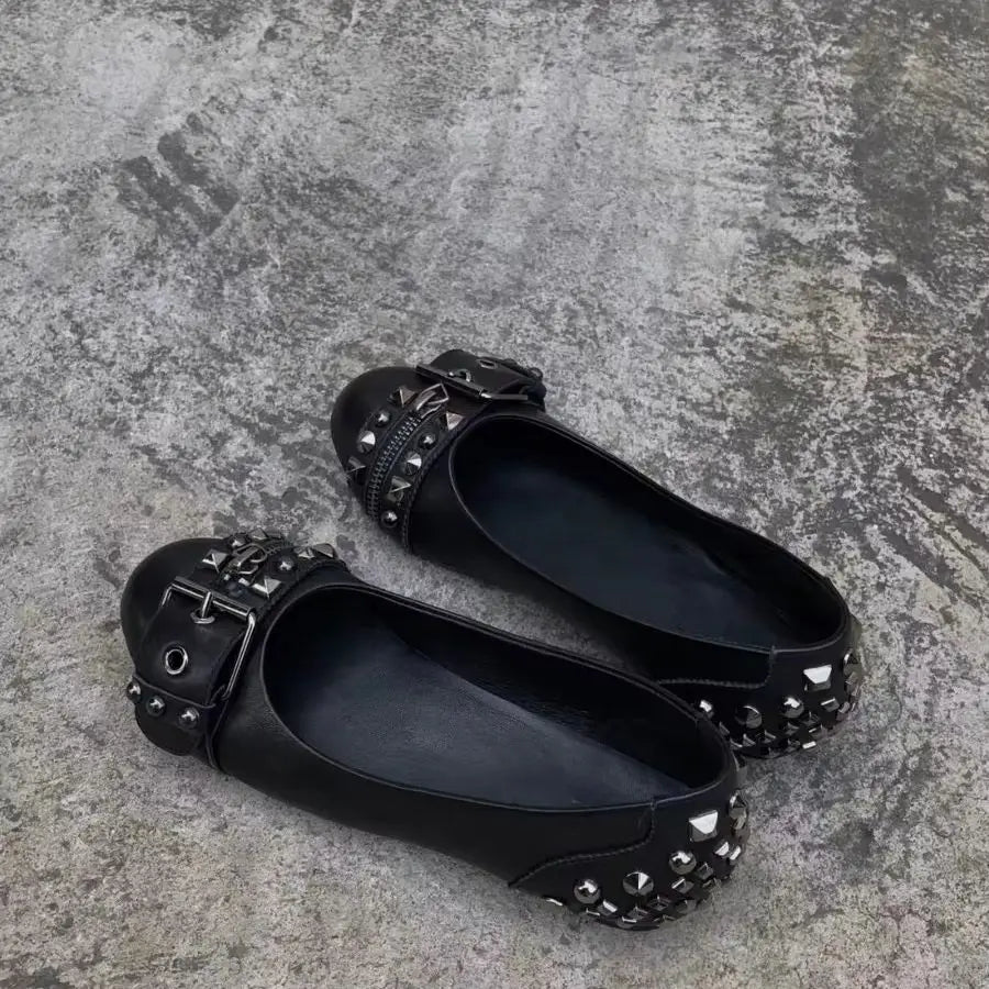 Black Studded Leather Lace Up Round Toe Flat Shoes For Women