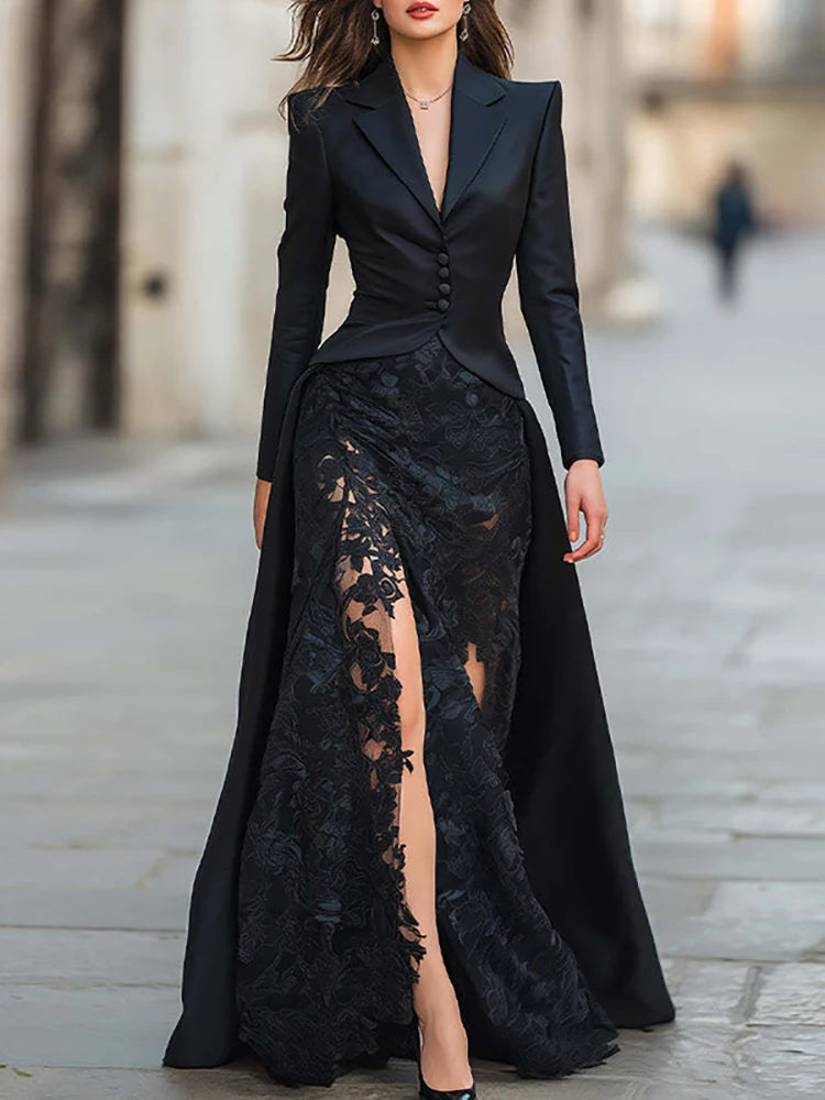 Winter Elegant Lace Patchwork Occasion Set Sexy V-neck Button Top & Long Skirt Suit Casual Long Sleeve Solid Slim Party Outfits