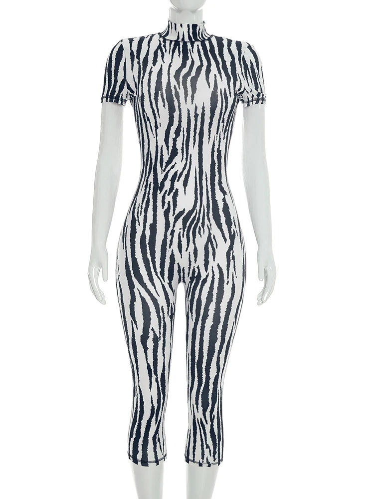 Printed Backless Stretch Turtleneck Romper for Women