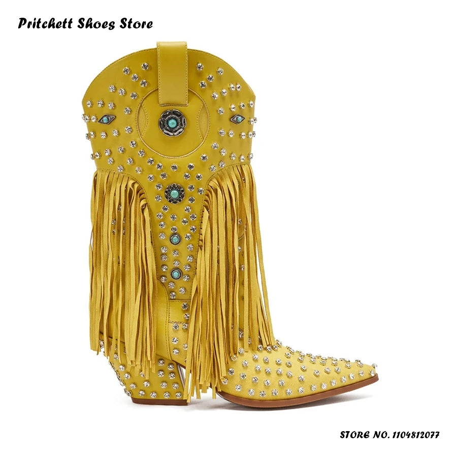 Crystal Embellished Fringe Pointed Toe Leather Wedge Boots for Women