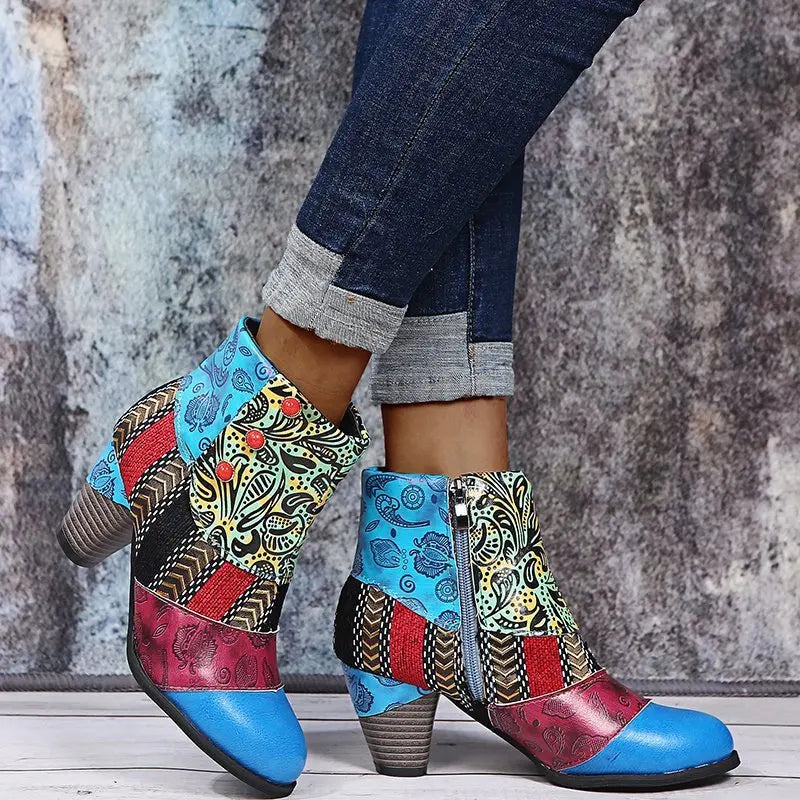 Vintage Printed Leather Zippered Ankle Boots for Women