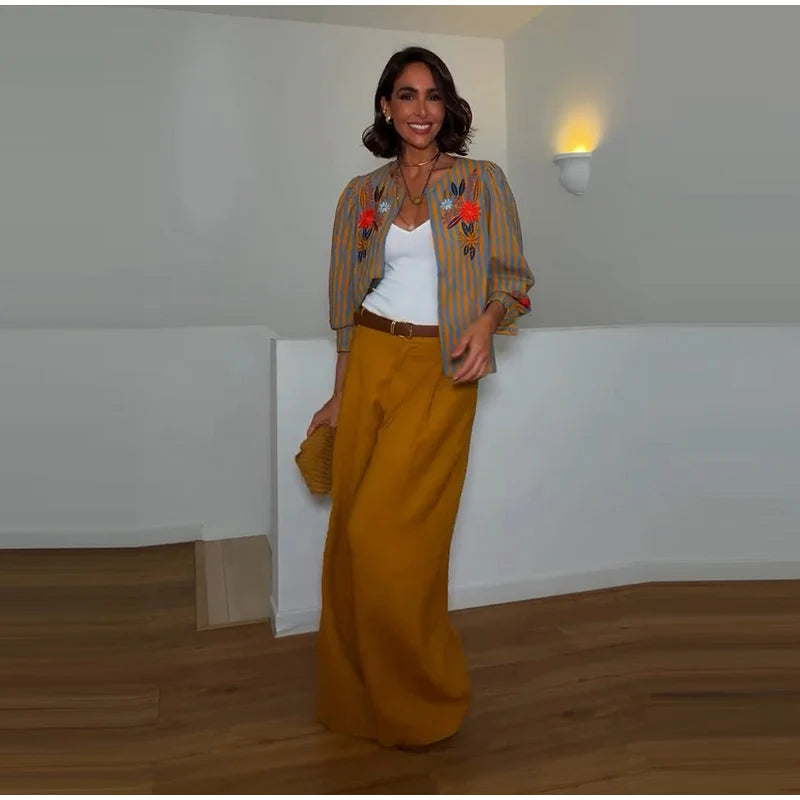 Elegant Striped Embroidered Open Stitch Jacket for Women