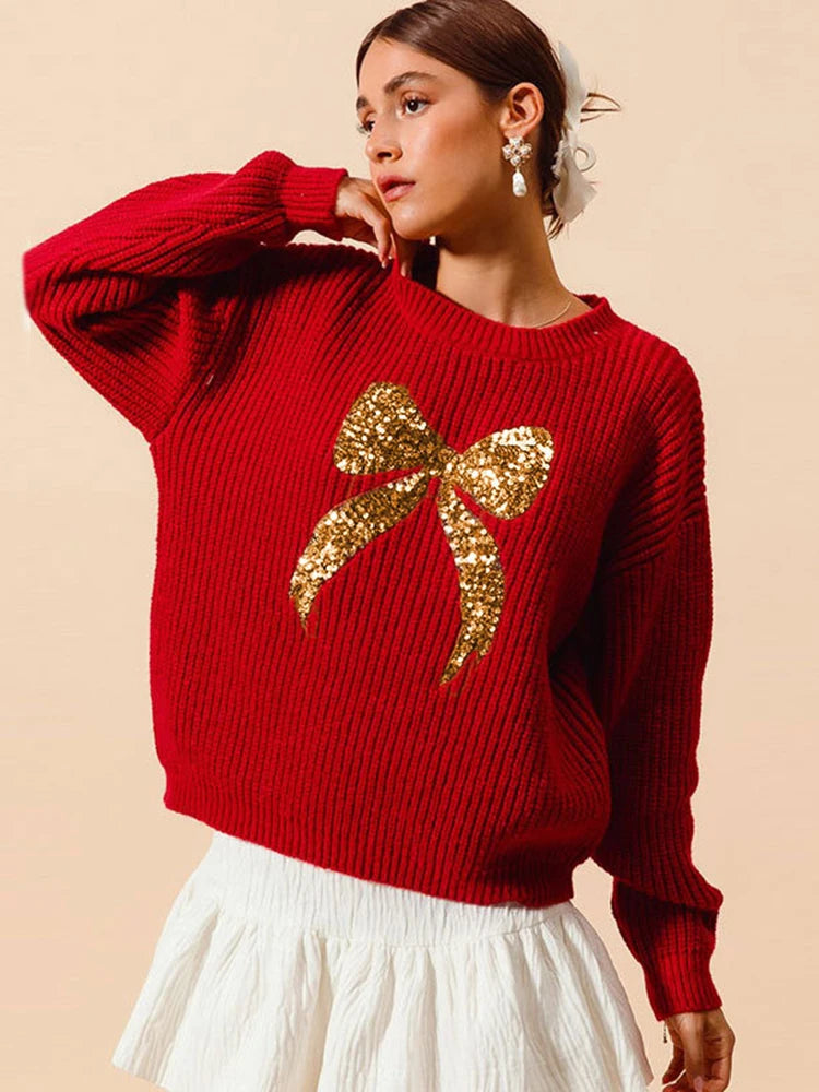 Casual Bow Print Knit Texture Long Sleeve Sweater for Women