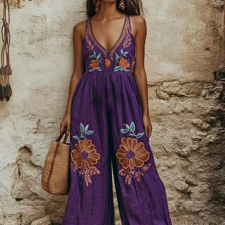 Casual Printed Loose Vneck Sleeveless Wide Leg Jumpsuit for Women