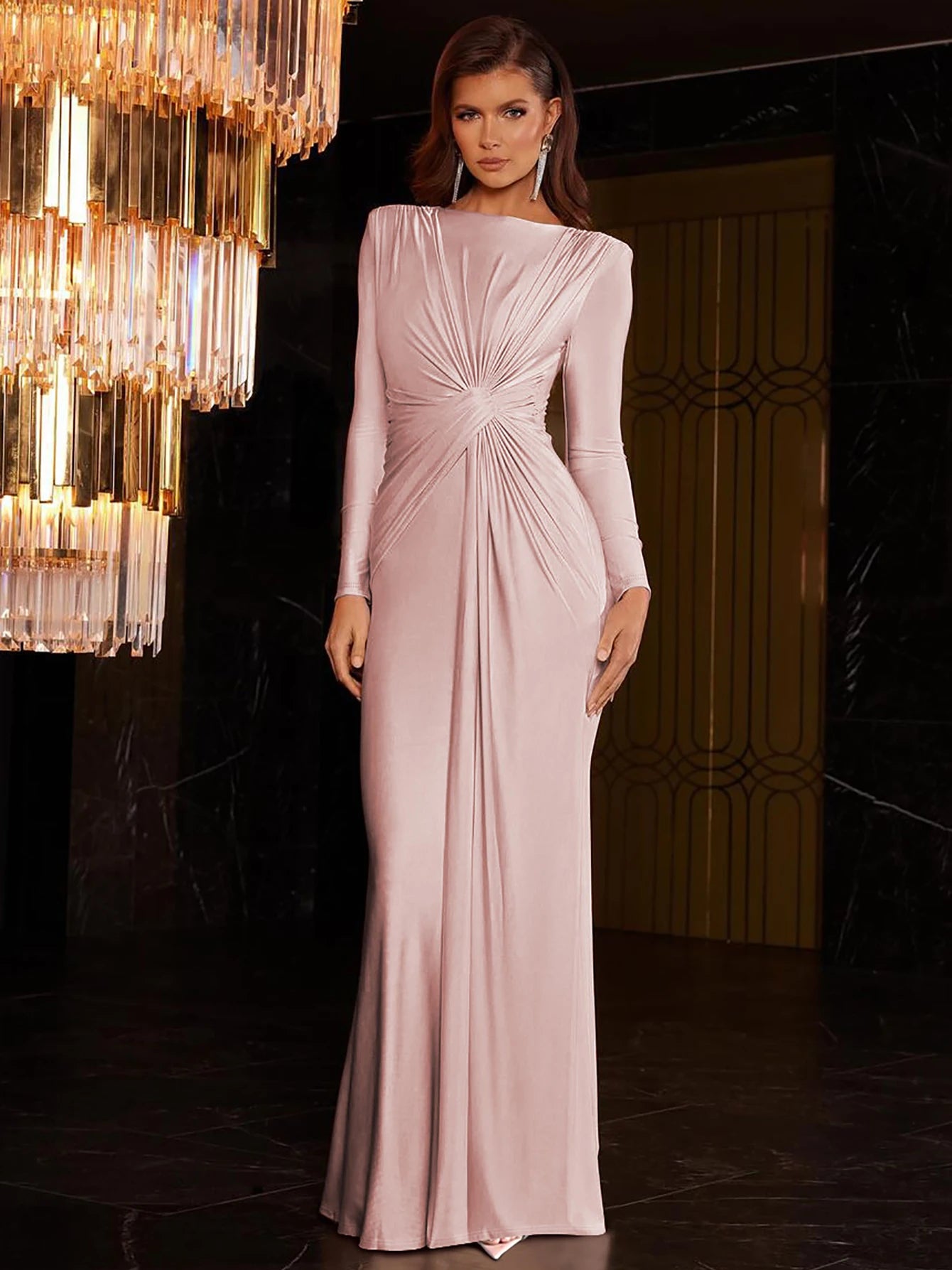Elegant Ruched Long Sleeve Pleated Maxi Dress for Women