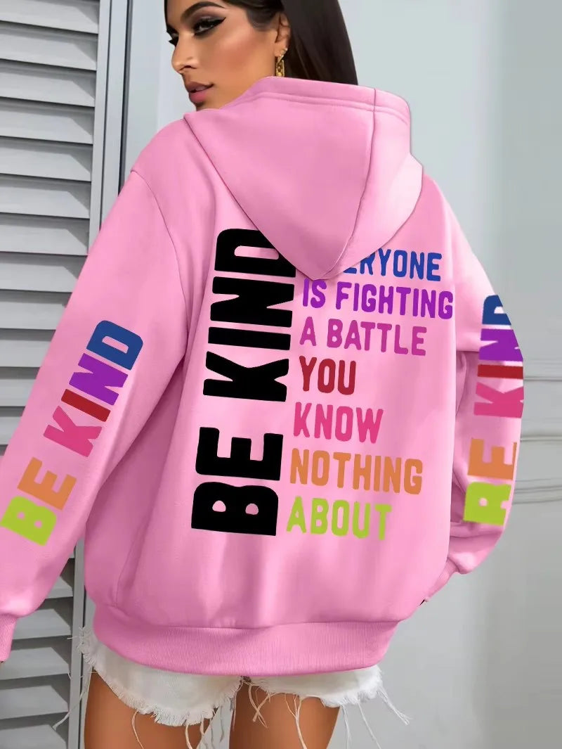 Be Kind Hoodies Women Letter Prints Winter Fleece Warm Hooded Street Pocket Loose Sweatshirts Casual All-match Woman Clothes
