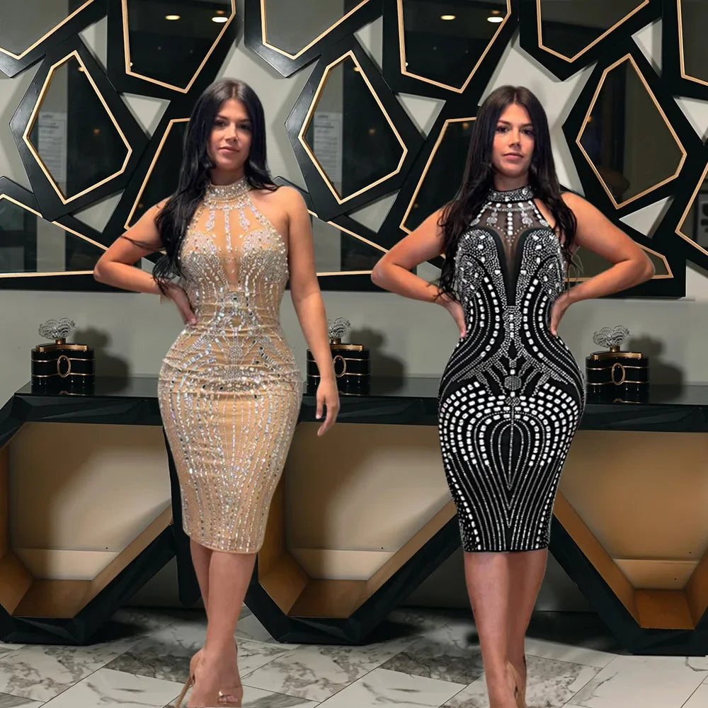 Rhinestone Embellished Sleeveless Bodycon Midi Dress for Women