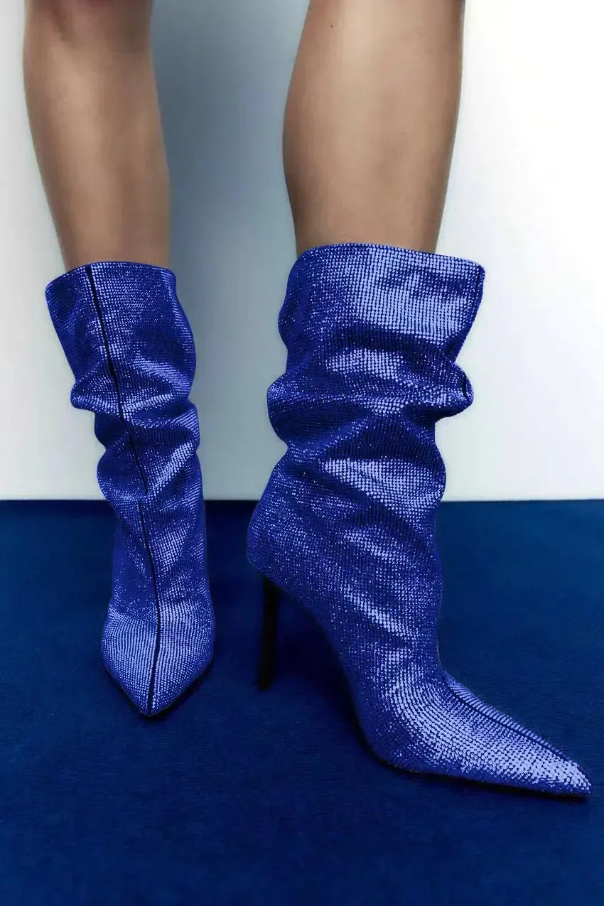 Rhinestone Embellished Pointed Toe Stiletto Boots For Women