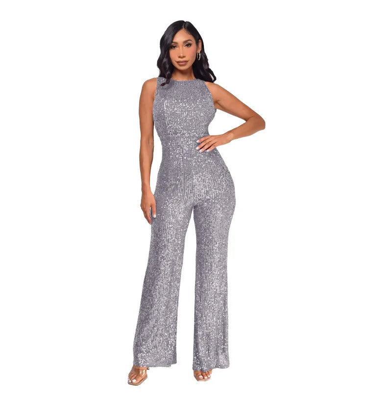 Glitter Sequin Round Neck Sleeveless High Waist Slim Fit Jumpsuit for Women