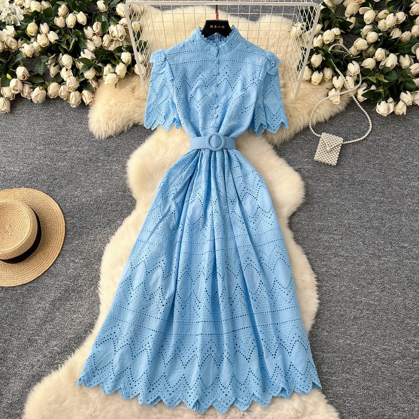O-Neck Sash Embellished A-Line Dress