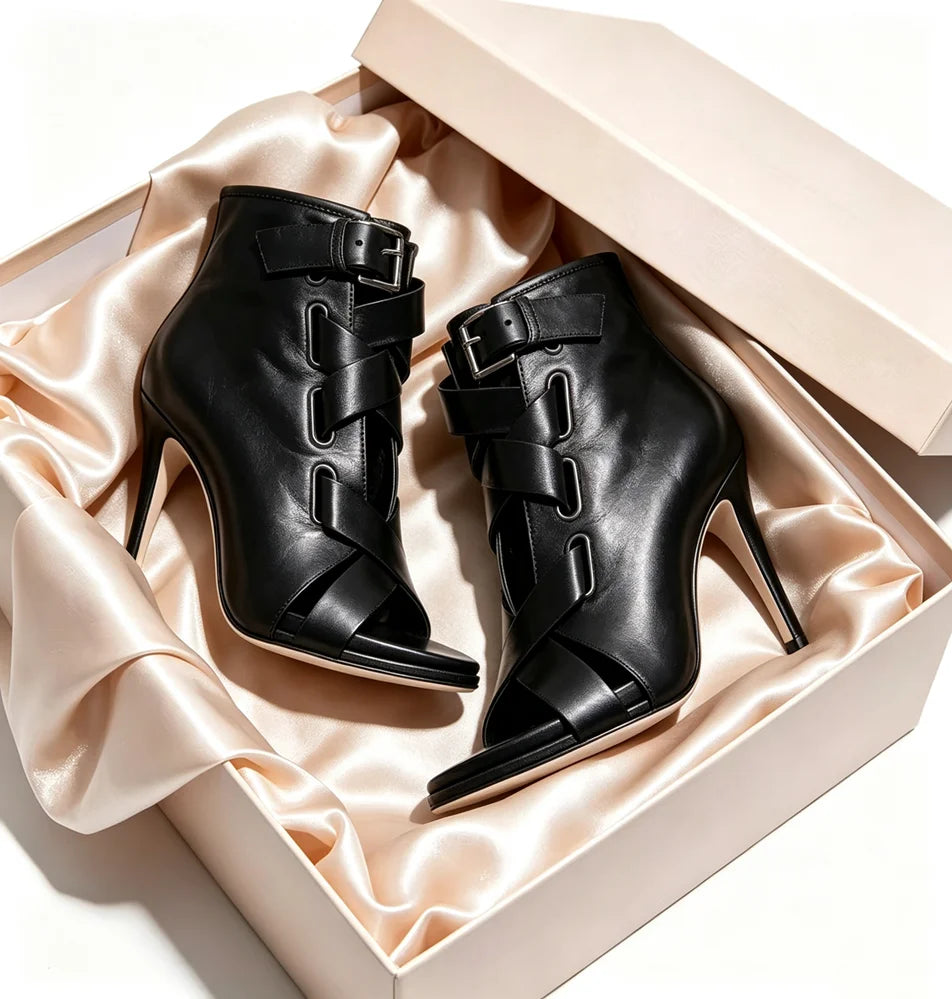 Strappy Buckle Peep Toe Leather Stiletto Booties for Women