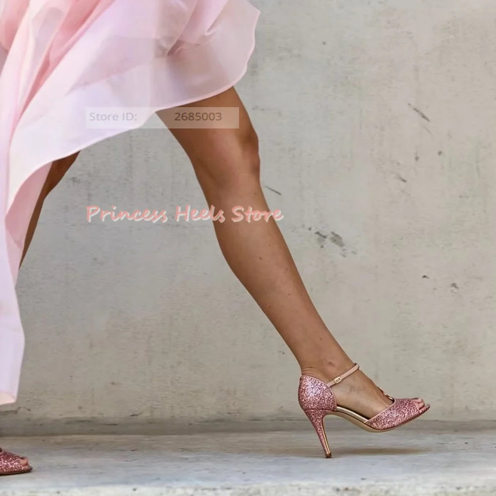 Sequined Peep Toe T-Strap With Ankle Buckle Straps Sandals for Women