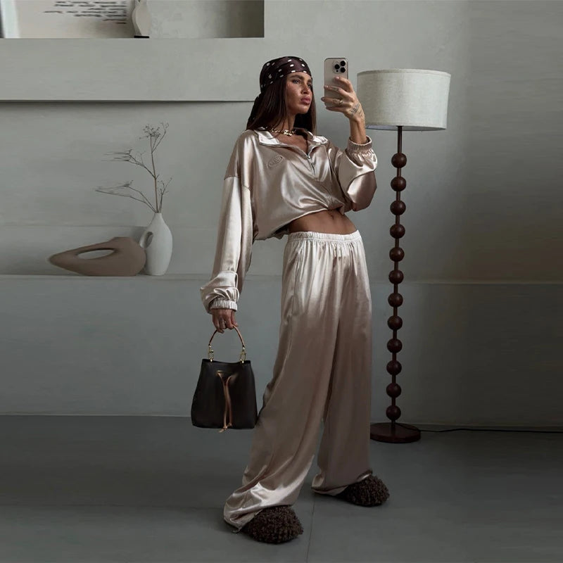 Loose Solid Satin Two Piece Pants Set With Zipper Jacket For Women