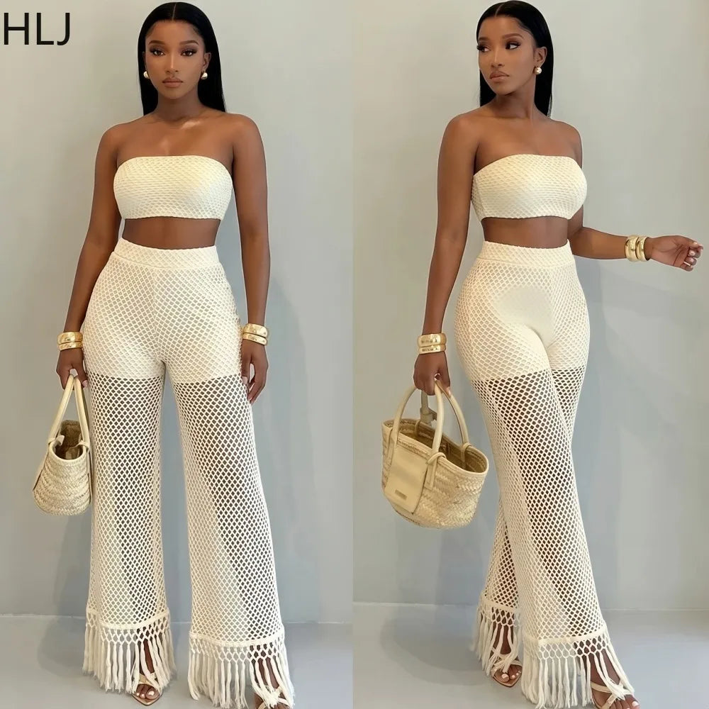 Crochet Bandeau Top and Tassel Wide Leg Pants Set for Women