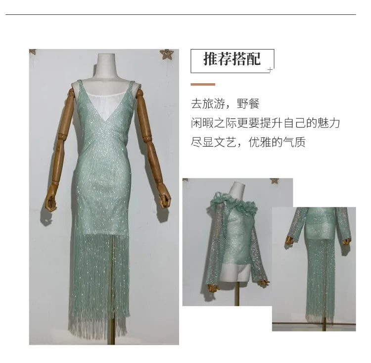 Fashion Blue Hollow Diamond Fringed Hip Skirt Set 2025 Spring New Elegant One-off Shoulder Top High Waist Skirt 2-piece Set