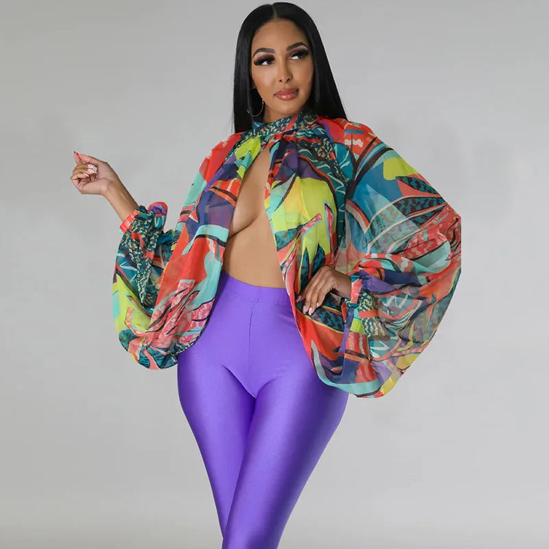 Printed Batwing Sleeve Chiffon Blouse With Sheer Front for Women