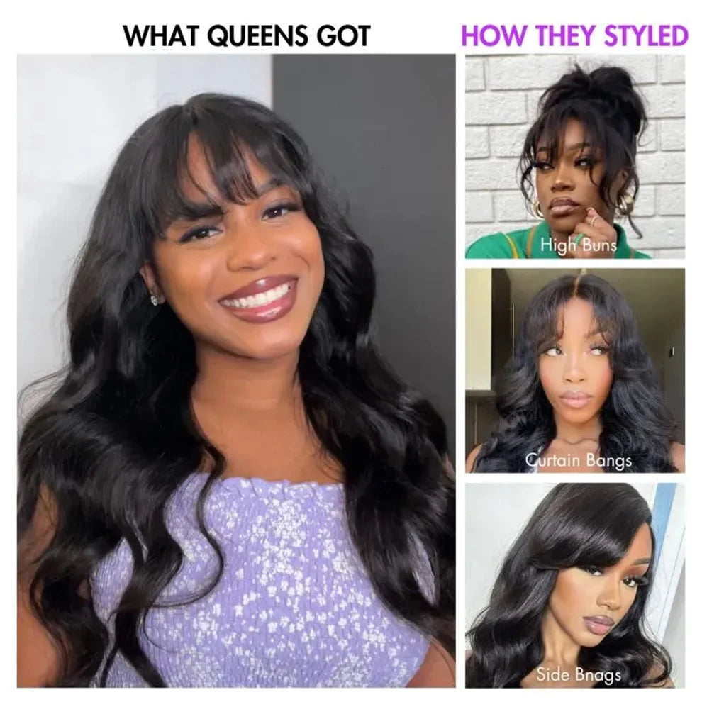 Long Body Wave Glueless Human Hair Wig With Bangs for Women