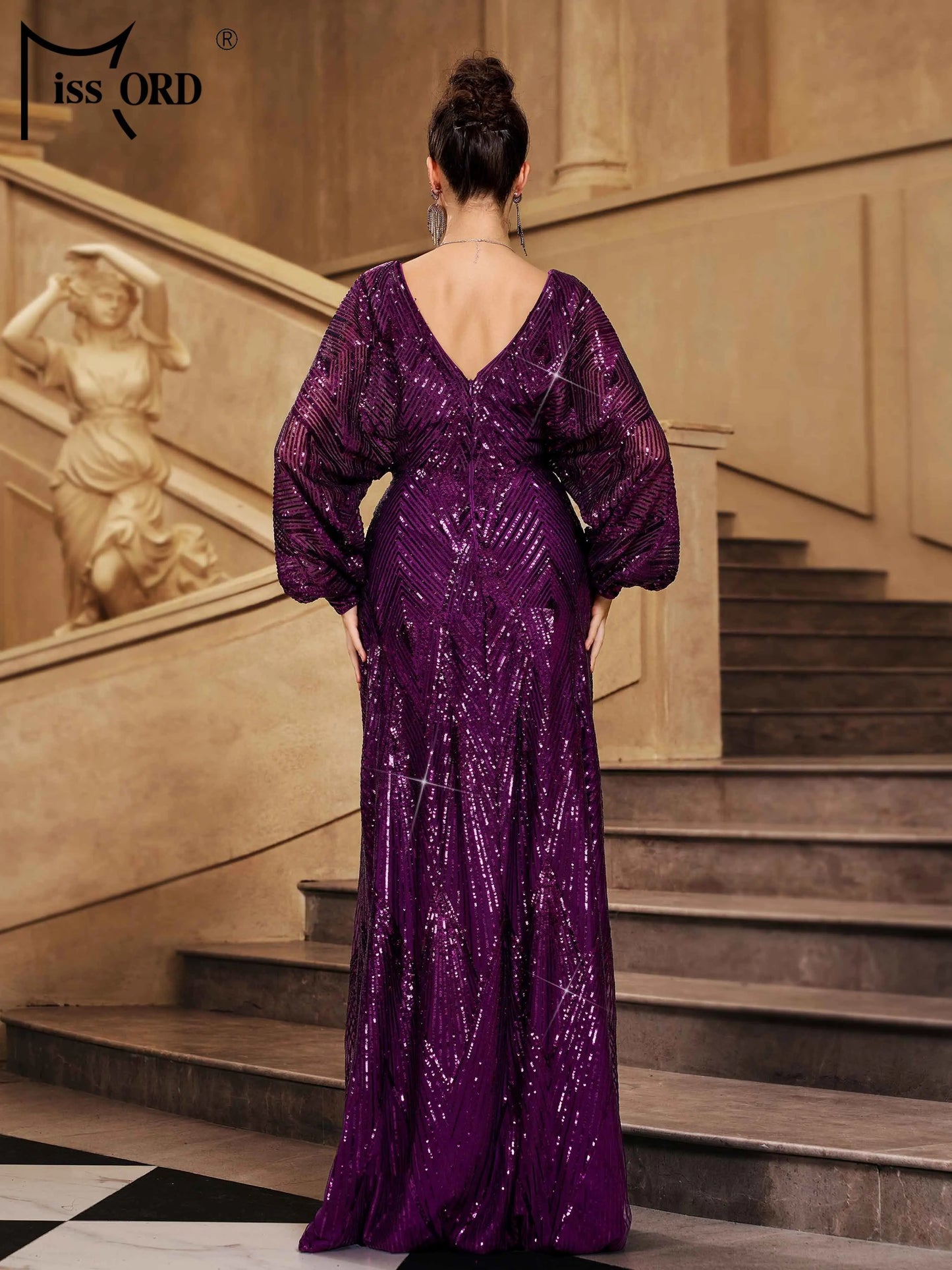 Missord Purple V Neck Lantern Sleeve Split Evening Gown Wedding Birthday Party Formal Occasion High Quality Luxury Maxi Dress