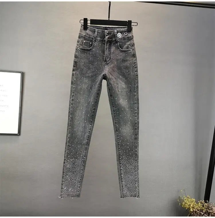 Washed Vintage Elastic Slim Light Denim Jeans for Women