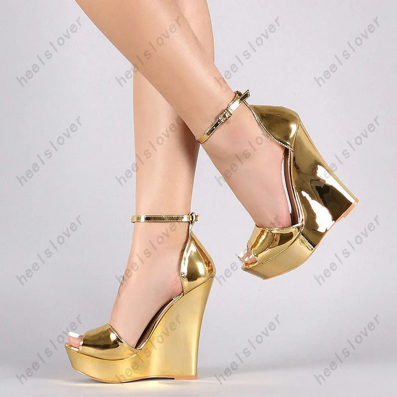 Glossy Peep Toe Platform Wedge Sandals With Buckle Strap For Women