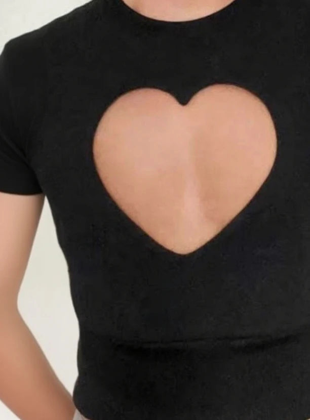 Love Heart Hollow Out Short Sleeve T Shirt for Women