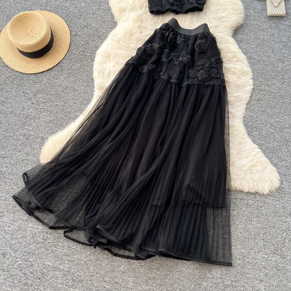 3D Floral Lace Camisole and Pleated Skirt Set for Women