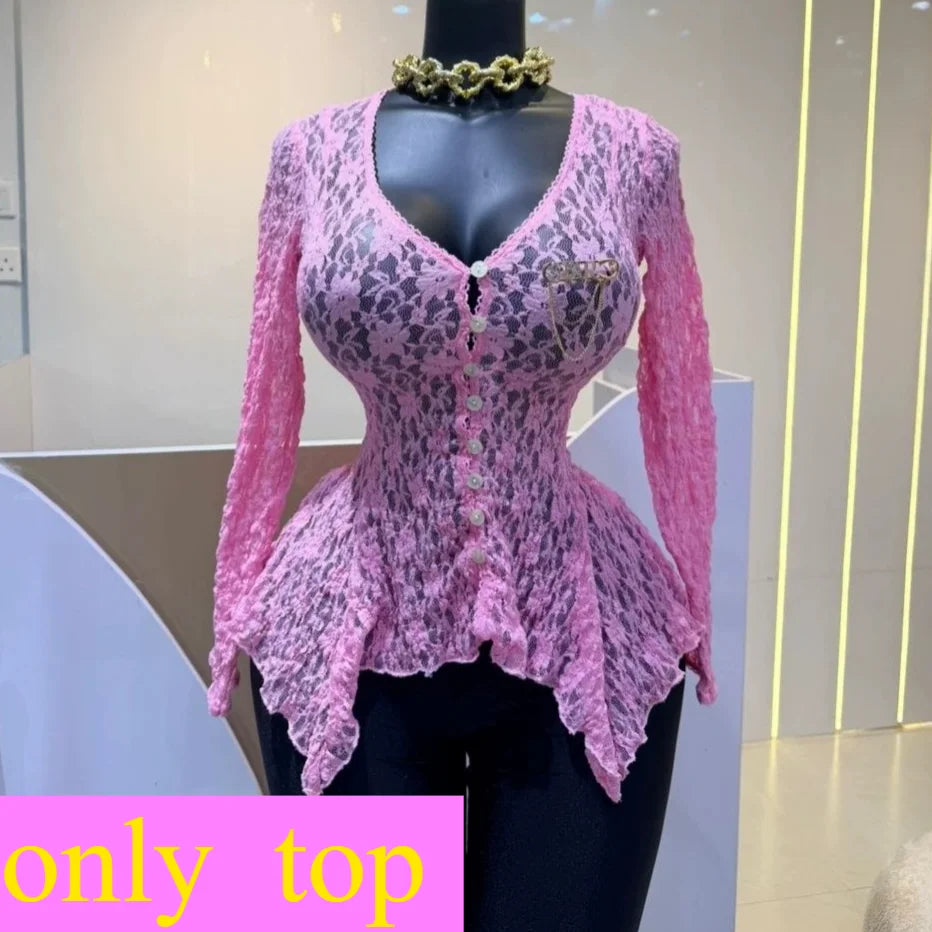Floral Lace Sheer Button Up Peplum Blouse for Women