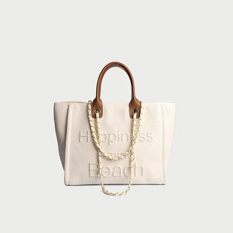 New Women Tote Bag Fashion Canvas Large Handbag Chains Genuine Leather Shoulder Bags Ladies Big Messenger Bag Shopping Bag