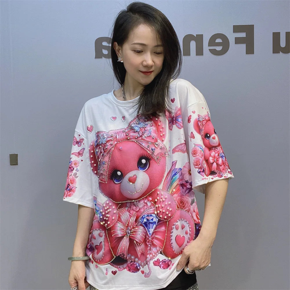 Cartoon Bear Heavy Industry Bead Crew Neck Short Sleeve T-Shirt Summer Printed Fashion Half Sleeve Top Women's Clothing