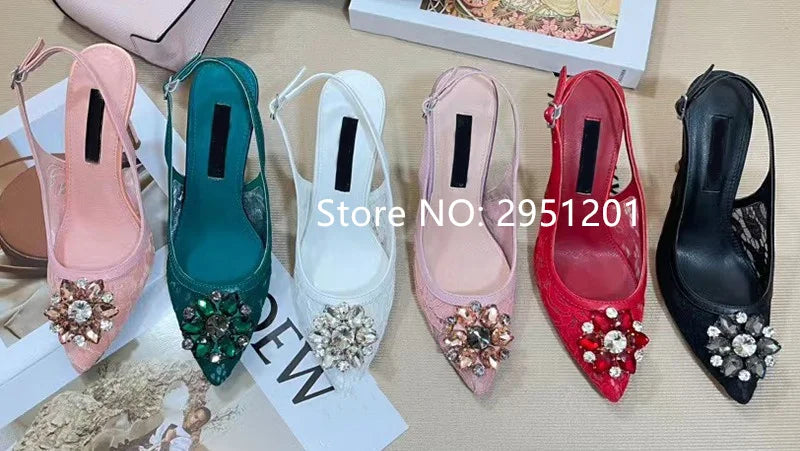 Pink Floral Print Rhinestone Slingback Dress Pumps High Heels For Women
