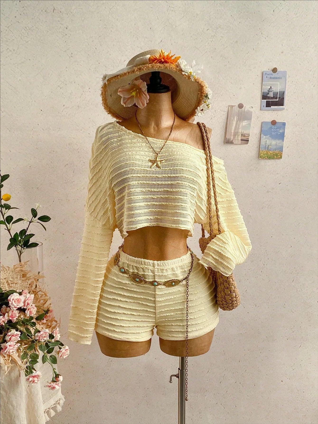 Slanted Shoulder Knit Two Piece Shorts Set for Women