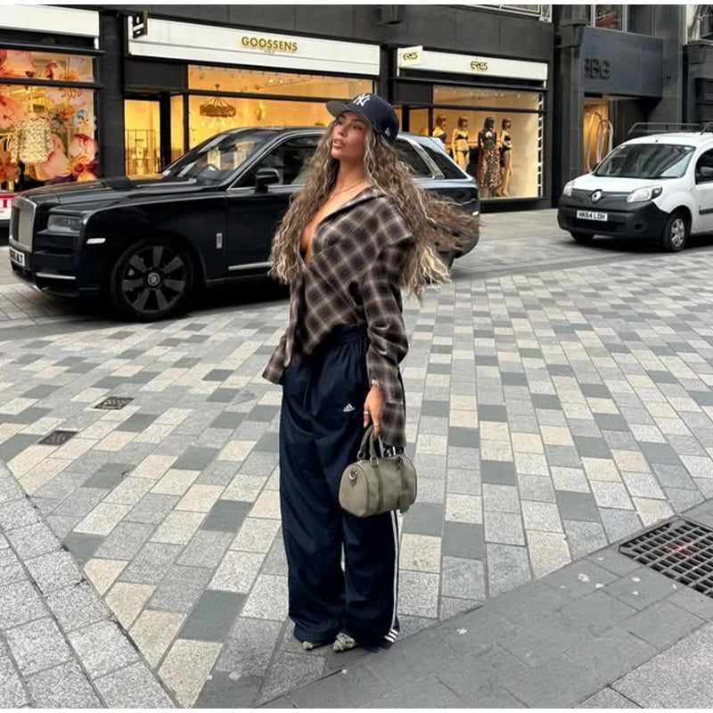 Chic Tailored Plaid Women's Shirts Unique Laple Contrast Full Sleeve Oversize Female Blouse 2025 Autumn Fashion Lady Streetwears