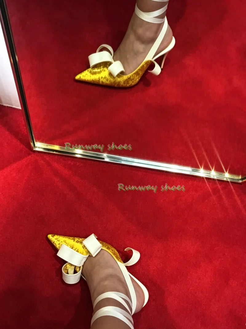 Bright Yellow Silk Pointed Stiletto Heels With Ankle Strap For Women