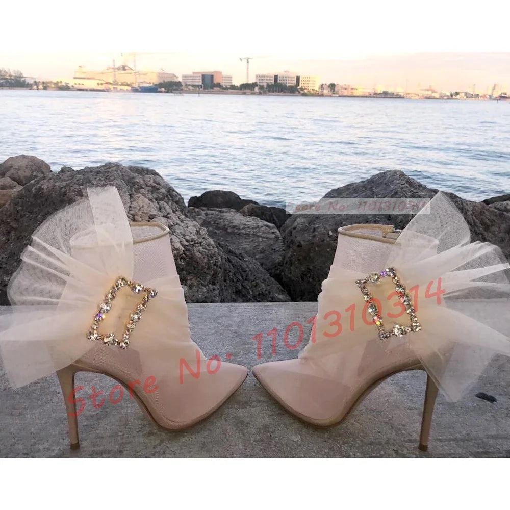 See Through Mesh Crystal Buckle Ankle Booties for Women
