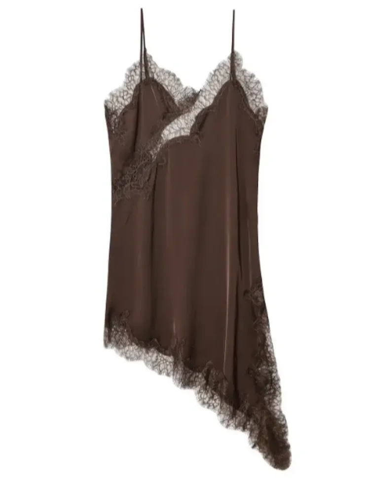 Brown Satin Lace Splicing Sling Dress Women Elegant Irregular Hem V Neck Backless Sleeveless Gown Chic Women Party Club Vestidos