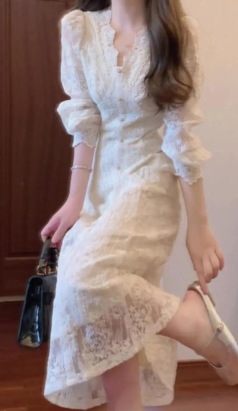 Elegant Lace Embroidered A-Line Dress with Long Sleeve for Women