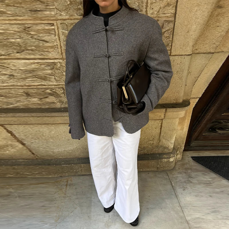 Elegant Chinese Style Single Button Long Sleeve Coat for Women