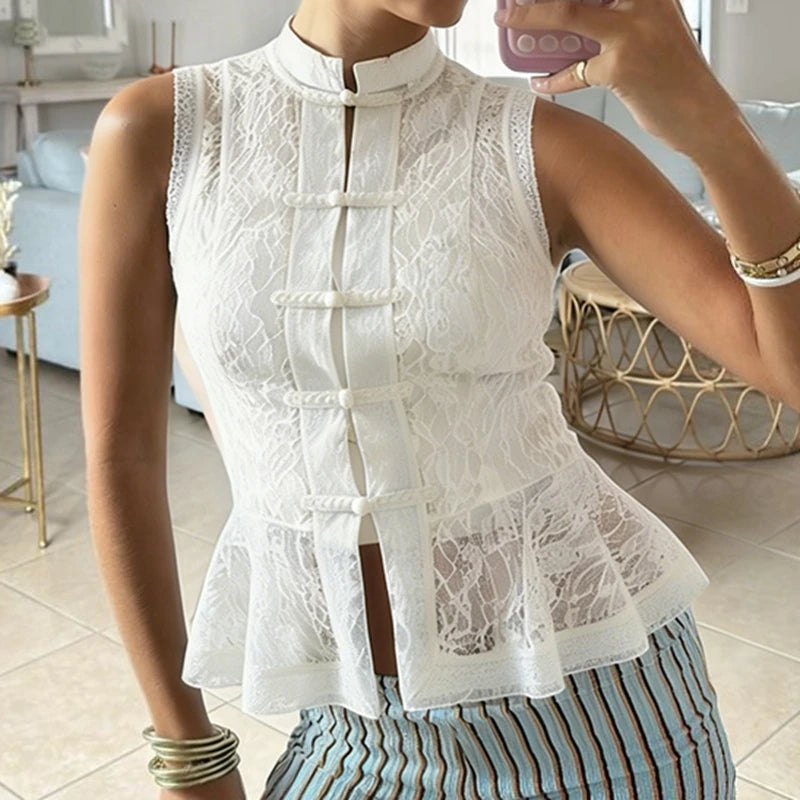 Floral Lace Front Hollow Out Split Mandarin Collar Tank Top for Women
