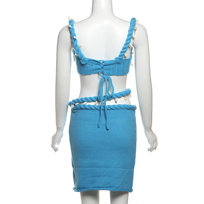 FAGADOER Sexy Knit 2 Piece Sets Woman Outfit Strap Low Neck Camis+Slash Waist Mini Skirts Suits Female Hipster Beach Clothing