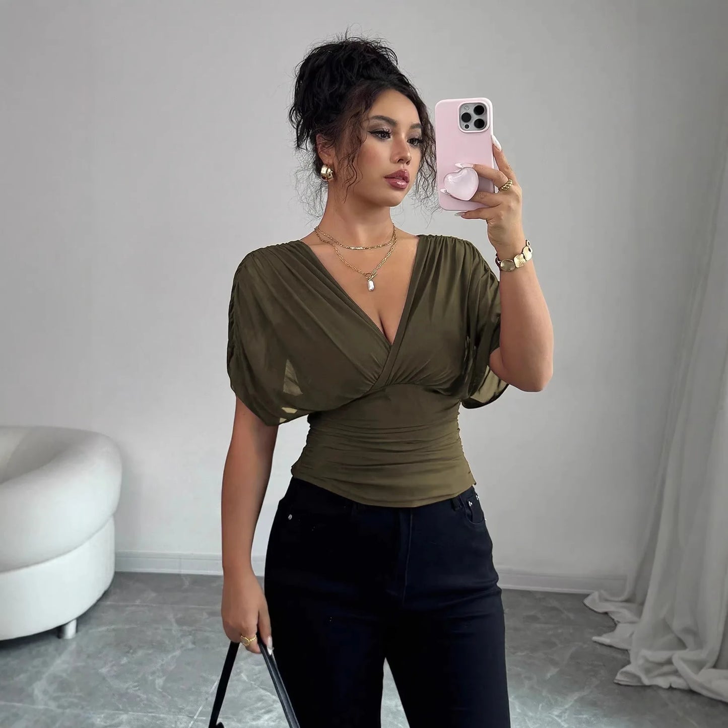 Elegant Deep V Neck Flutter Sleeve Waist Cinching Top for Women