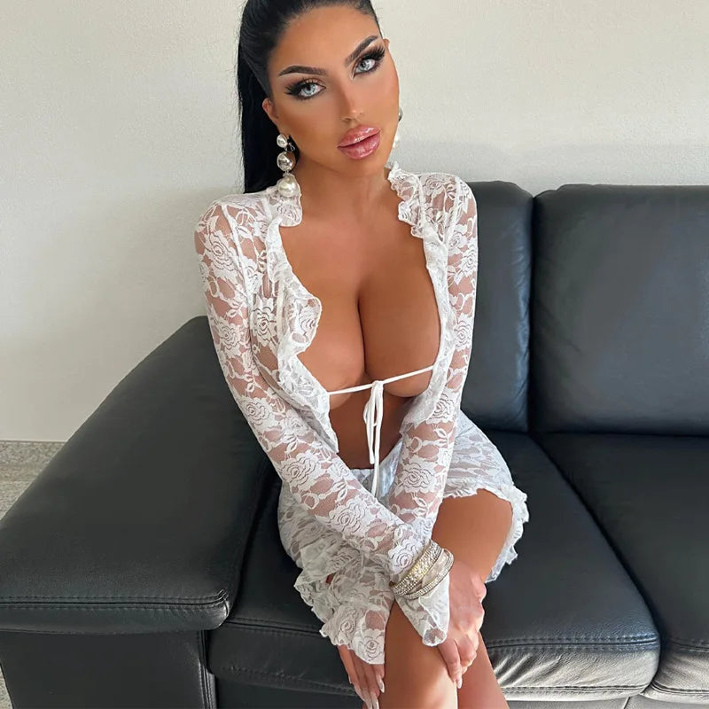 Tie Front Sheer Lace Trim Mini Dress