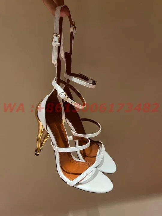 New Fashion Design Women Gold Cabaret Sculptural-Heel Strappy Sandals Ankle Strap Heel Cabaret Dancers Sandals Plus Size
